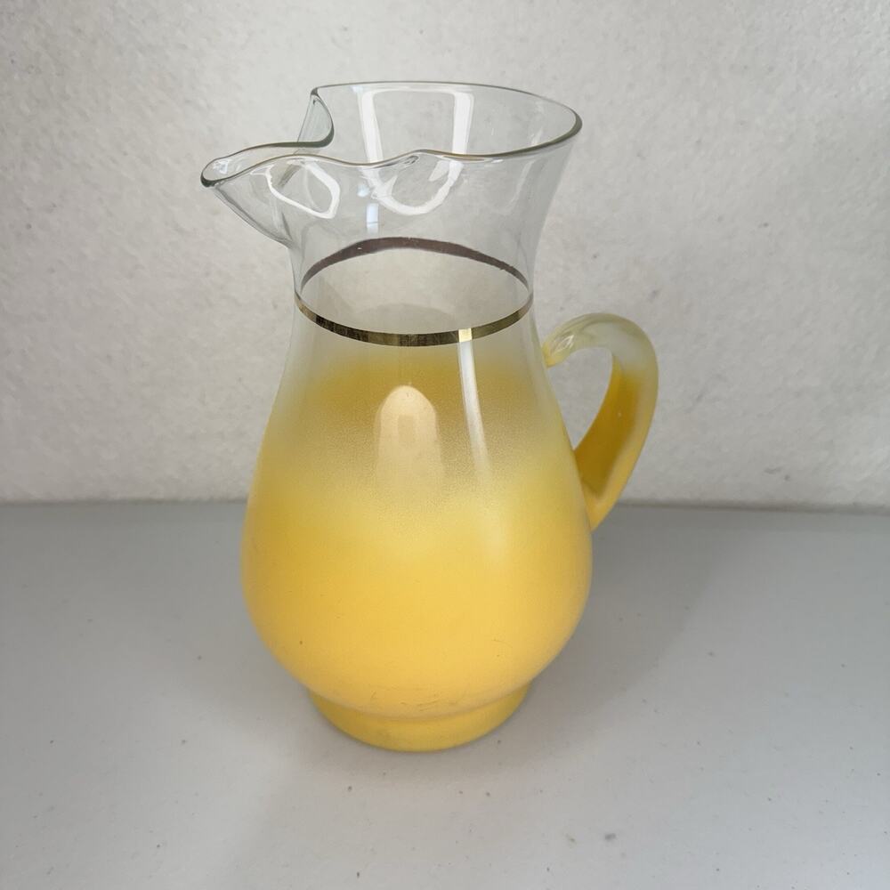 West Virginia Glass Co. Blendo Frosted Yellow Gradient Glass Pitcher Gold Trim